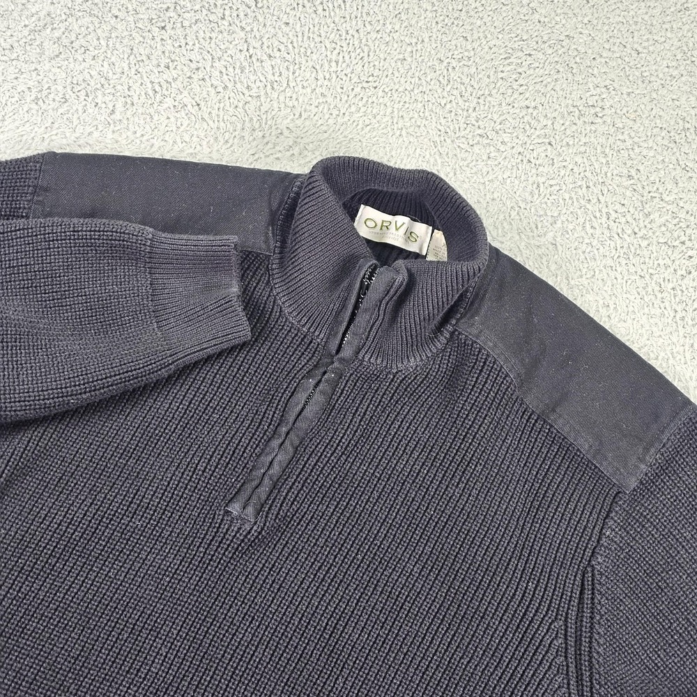 Orvis Sweater Mens XL Blue Cotton 1/4 Zip Mock Neck Shoulder Elbow Patches Knit